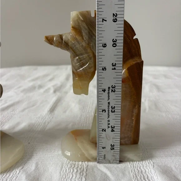 Elegant Brown and Cream Onyx Unicorn Head Bookends